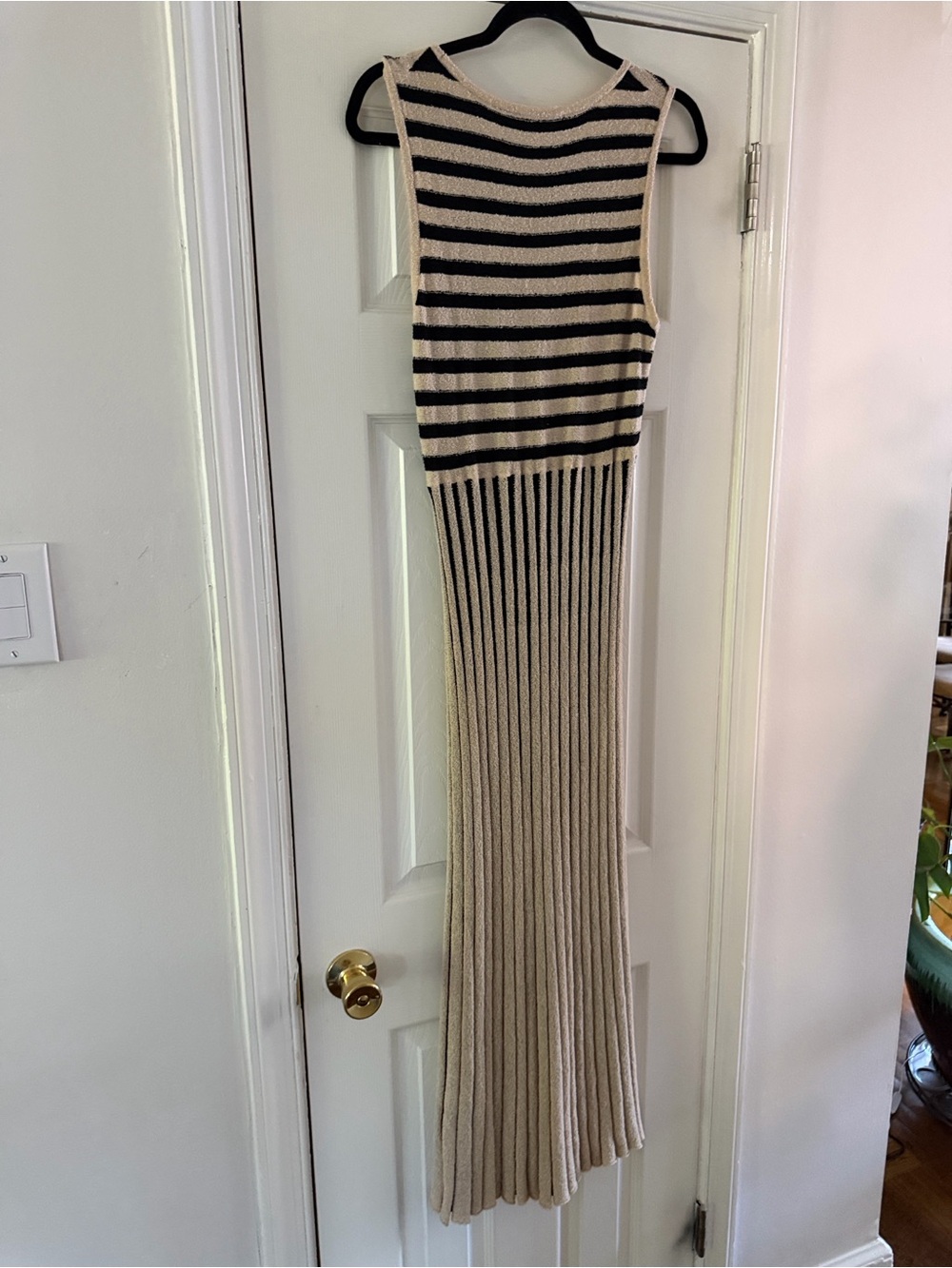 Sleeveless Striped Knit Maxi Dress in Beige and Black